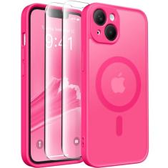 CAPRARO Capa magnética para iPhone 14, [compatível com MagSafe] [proteção total da câmera] Capa protetora à prova de choque fina translúcida fosca para iPhone 14 de 6,1 polegadas, rosa choque