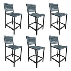 Kit 6 Banquetas França em Corda Náutica e Base em Alumínio Preta para Área Gourmet Cinza