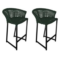 Kit 2 Banquetas Reis em Corda Náutica e Base em Alumínio Preta para Área Gourmet  Verde Musgo