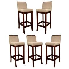 Kit 5 Banquetas Média com Encosto Turim Madeira Castanho Linho Bege CC