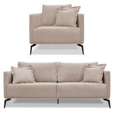 Kit Poltrona e Sofá Living 2 Lugares 1,80m Sirius Linho Pés Metálicos 