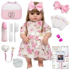 Boneca Reborn Loira Com Vestido Florido Diversos Acessórios - Cegonha 