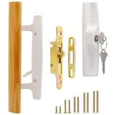 TPard Conjunto de maçanetas de vidro deslizante para porta de pátio com cilindro de chave e trava de encaixe de 45°, puxadores internos de madeira de carvalho e puxador externo de zinco fundido,