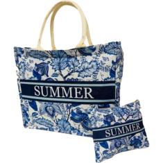 Bolsa De Praia Feminina Branca Estampada Colorida Com Flores Pássaros