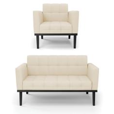 Sofá Namoradeira E Poltrona Base De Madeira Preto Elisa Linho D03 - D'rossi Cor A19 Bege