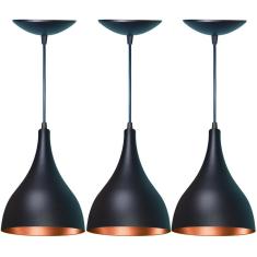 Kit 3 Lustres Pendente Gota em Alumínio  Preta Fosca e Cobre