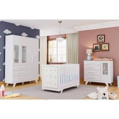 Quarto de Bebê Completo Guarda Roupa com Janela Cômoda e Berço com Capitone Retrô Jolie Branco/Brilho