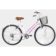 Bicicleta Aro 26 Kls Retro Sport Freio V-Brake 6 Marchas, Branco, Pink