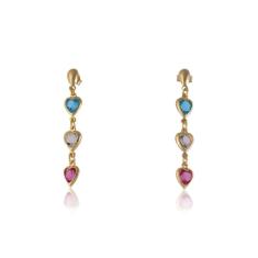 Brinco De Corações Com Pedras Coloridas Folheado Em Ouro 18K