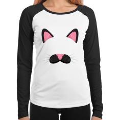 Baby Look Raglan Gatinha Orelhinha Manga Longa - Foca na Moda, Branco,