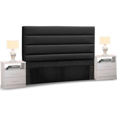 Cabeceira Cama Box Casal King 195cm Greta Corano Preto e 2 Mesas de Cabeceira Flex DM1 Branco - Mpozenato