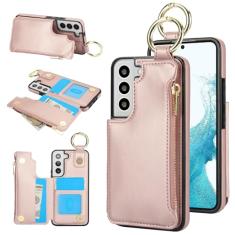 Capa carteira para Samsung Galaxy S22 Plus, 3 compartimentos para cartão, 1 bolso com zíper, suporte de fecho magnético com suporte de anel à prova de choque com bloqueio de RFID para Samsung S22 Plus