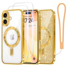 Meifigno Capa projetada para iPhone 16 de 6,1 polegadas, [compatível com MagSafe] [2x protetores de tela] [cartão de glitter e alça de pulso] Proteção de lente surround projetada para iPhone 16
