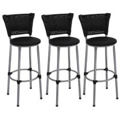Kit 3 Banquetas Alta Prata Junco Preto com Assento Preto Fortmix