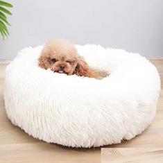Cama de cachorro calmante e cama de gato, Cama redonda aconchegante para cães macios e aconchegantes, pelúcia sintética fofa almofada para cães e gatos pequenos, diâmetro 47 cm