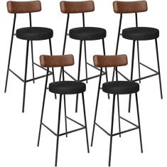 Kit 05 Banquetas Alta Bar Cozinha Sala De Jantar Milão L02 Couríssimo Marrom Preto - Lyam Decor