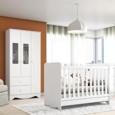 Quarto de Bebê com Berço Americano 3 em 1 e Guarda Roupa 3 Portas com Janela Pirueta Espresso Móveis Branco Brilho