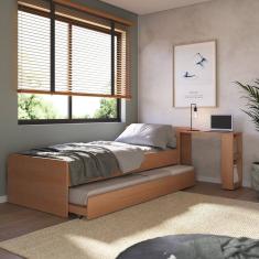 Bicama Solteiro Madeira Maciça com Baú e Escrivaninha Hashtag Yescasa Amendoa