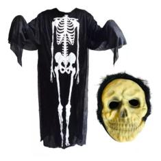 Fantasia Esqueleto Caveira +Máscara Festa Túnica Halloween Adulto Infa
