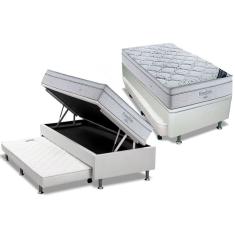 Cama Box Baú c/Auxiliar Solteiro: Colchão Molas Ortobom SuperPocket Freedom Visco + Base crc Courano Branco(88x188)