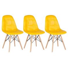 Kit - 3 X Cadeiras Estofadas Eames Eiffel Botonê - Base De Madeira Clara - Amarelo