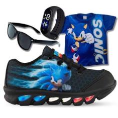 Kit Tênis De Led Infantil Menino Masculino Sonic + Camisa + Relógio + Óculos-Masculino