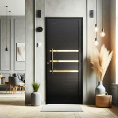 Porta de Aluminio Lambril 210x80cm Frisada com Puxador Preto Dourado