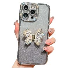 Kwhapoo Capa luxuosa Bling compatível com iPhone 14 Pro de 6,1 polegadas, linda capa de suporte de borboleta de diamante com glitter, capas protetoras à prova de choque de silicone macio para mulheres