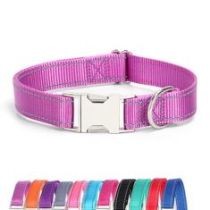 JAY D.L Coleira refletiva para cães com fivela de metal, coleiras de nylon macio e resistente com fivela de liberação rápida, coleiras ajustáveis para animais de estimação com anel de identificação