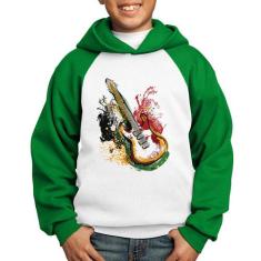 Moletom Infantil Guitarra Reggae - Foca na Moda, Branco, Verde, 14