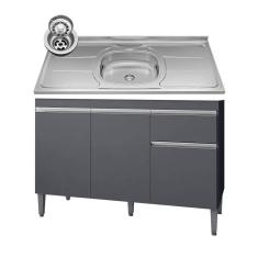 Balcão Gabinete Com Pia Inox 120cm 3 Portas E 1 Gaveta Tatiane Cinza - Ajl Móveis