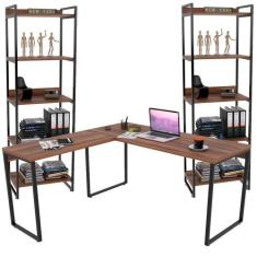 Kit Mesa Para Escritório Industrial em L com 2 Estantes com 5 Pratelei