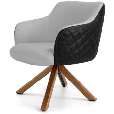 Poltrona Base Giratória de Madeira Jade D02 Linho Cinza D-315 Tressê Corano Preto - Lyam Decor