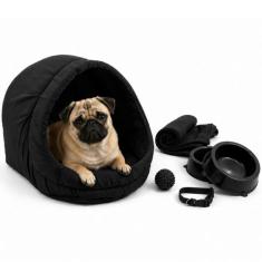 Kit Cama Toca Iglu Pet Médio Mantinha Comedouro Coleira Bolinha - Supr