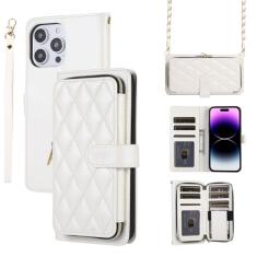 Capa carteira para iPhone 15 Pro, bolsa flip de couro com zíper com suporte para cartão, capa de telefone à prova de choque com fivela magnética com corda de mão e corrente de couro para mulheres