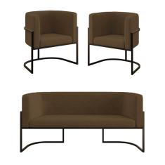 Kit 2 Poltronas + Sofá 2 Lugares Base De Metal Black Balaqui Marrom