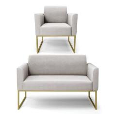 Sofá Namoradeira com Poltrona Base Industrial Dourado Marisa Veludo - 