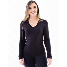 Blusa Decote V Lisa Manga Longa Viscolycra Anistia Preta, M