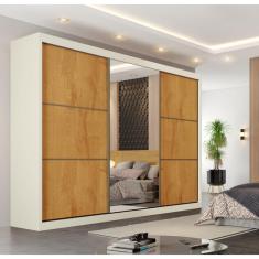 Guarda Roupa Casal com Espelho 3 Portas de Correr 100 MDF Braganca Europa - Off White/Peroba