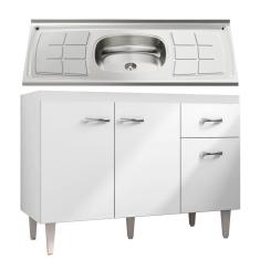 Balcão Gabinete Gabriela com Pia Inox 120cm 3 Portas Branco/Preto - AJL Móveis