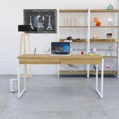 Mesa para Escritório 150cm 2 Gavetas Kuadra Lâmina Mel / Est.Branca