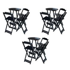 Kit 3 Conjuntos de Mesa Bistrô Dobraveis em Madeira Padrão com 3 Banquetas Altas - Preto