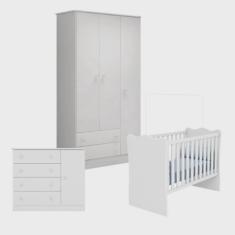 Quarto de Bebê Completo Berço Guarda Roupa e Cômoda Linha Doce Sonho Branco Original Qmovi