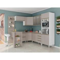 Armário de Cozinha Completa 10 Peças com Vidro Tampo e Bancada Pérola 