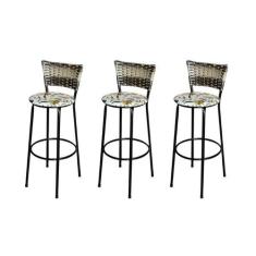 Jogo 3 Banqueta Alta Para Cozinha Ratan Cappuccino Premium Preta Estof