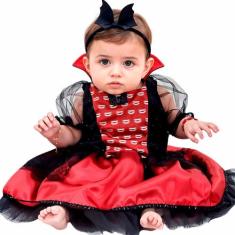 Fantasia Halloween Bebê Menina de Luxo Vampira Com Tiara e Gola Estrut