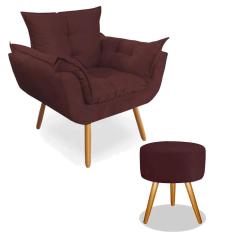 Kit Poltrona Decorativa Opala Deluxe com Puff Redondo Suede Marsala