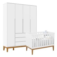 Berço Americano Unique e Guarda Roupa 4 Portas Nature Clean Branco Soft Eco Wood - Matic