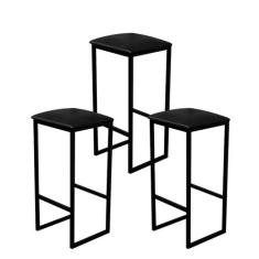 Jogo 3 Banqueta Alta Cozinha Balcão Bistrô Industrial Preta Assento Es