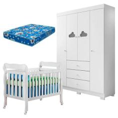 Berço Americano Lila e Guarda Roupa Ane Branco Brilho com Colchão Orto